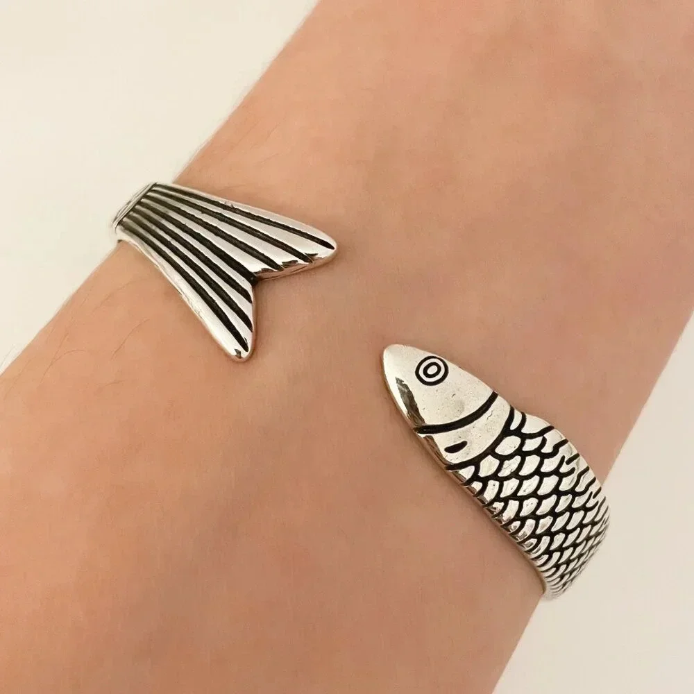 925 Sterling Silver Cuff Bracelet Fish Bracelet Modern Silver Bangle Bracelet